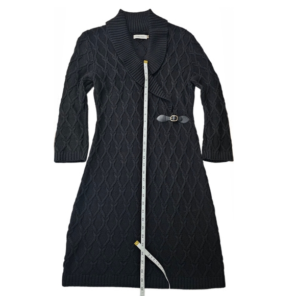 Calvin Klein Black Shawl Collar Chunky Cable Knit Sweater Faix Wrap Dress - Picture 9 of 16